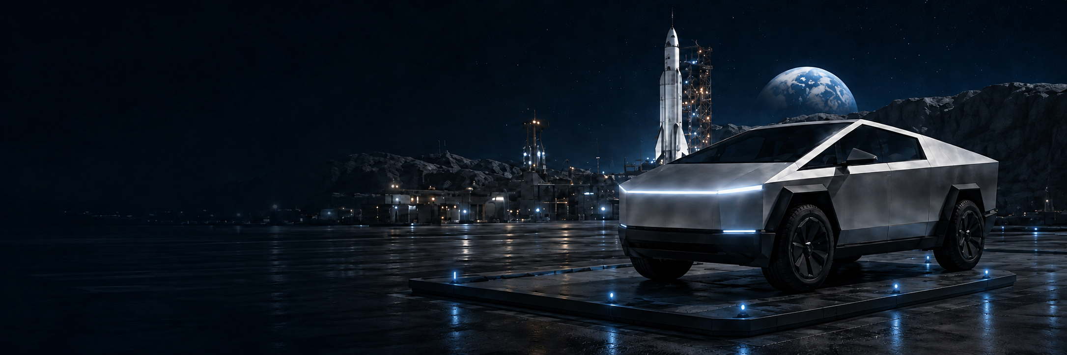 Cybertruck on a blue-lit display platform beside a rocket